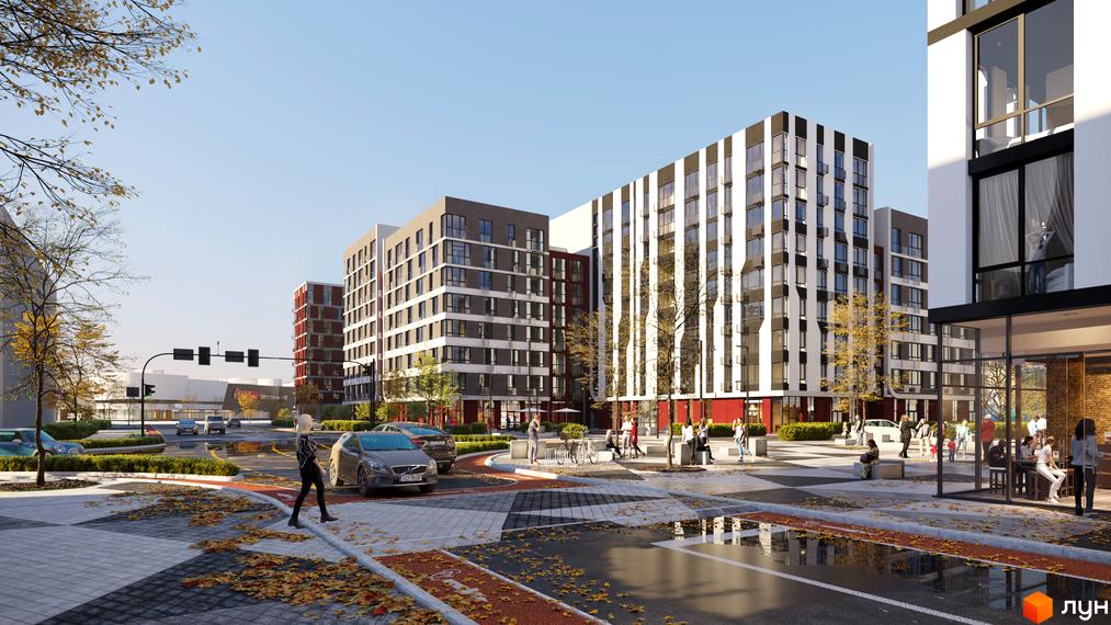 Житловий комплекс Respublika: багатоповерхові будинки з білими та сірими фасадами. Прибудинкова територія з пішохідними зонами, деревами та місцями для відпочинку.