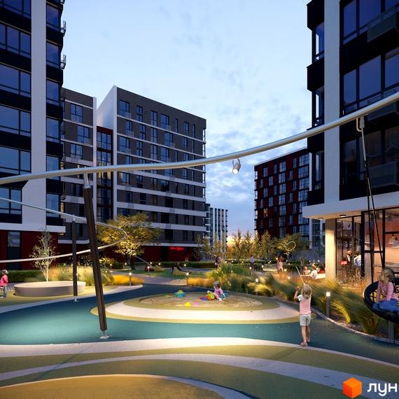 Житловий комплекс Respublika з багатоповерховими будинками темно-сірого та червоного кольорів. Прибудинкова територія має дитячий майданчик з пісочницею та зелені насадження.