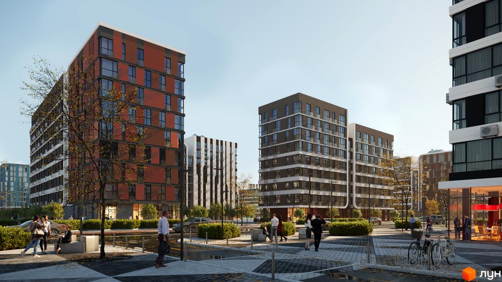 Житловий комплекс Respublika з багатоповерховими будинками цегляного та сірого кольорів. Навколо облаштована територія з деревами, кущами та пішохідними доріжками.