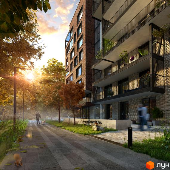 Житловий комплекс S78 з цегляним фасадом та балконами, оточений осіннім парком з пішохідною доріжкою та деревами.