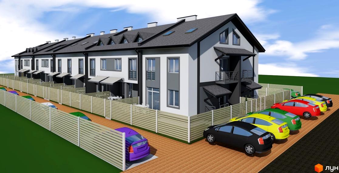 Зовнішній вигляд новобудови на вул. Володимирська (Червоного орача), 3, з паркуванням автомобілів біля будинку. Будинок має сіро-білий фасад та темно-сірий дах.