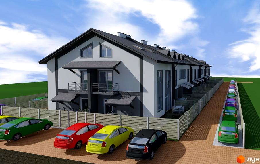 Зовнішній вигляд житлового комплексу на вул. Володимирська (Червоного орача), 3, з парковкою та зеленими зонами. Сучасна архітектура та доглянута територія.