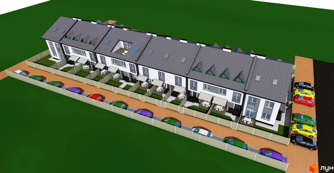 Зовнішній вигляд житлового комплексу на вул. Володимирська (Червоного орача), 3, з низкою будинків та прибудинковою територією з парковкою. Огляд новобудови з автомобілями та парканом.