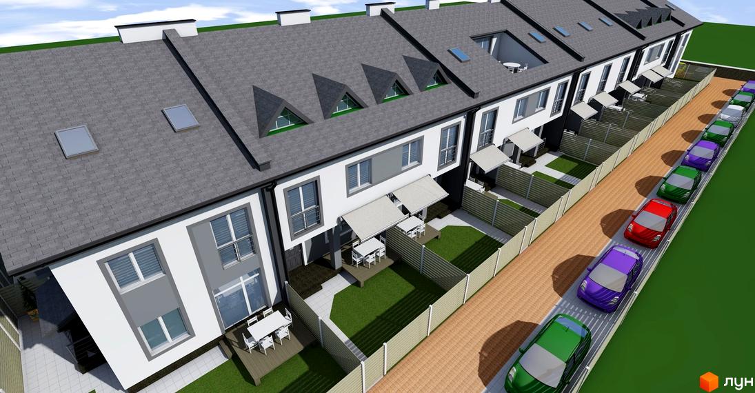 Зовнішній вигляд житлового комплексу на вул. Володимирська (Червоного орача), 3, з низкою будинків та парковкою з автомобілями.