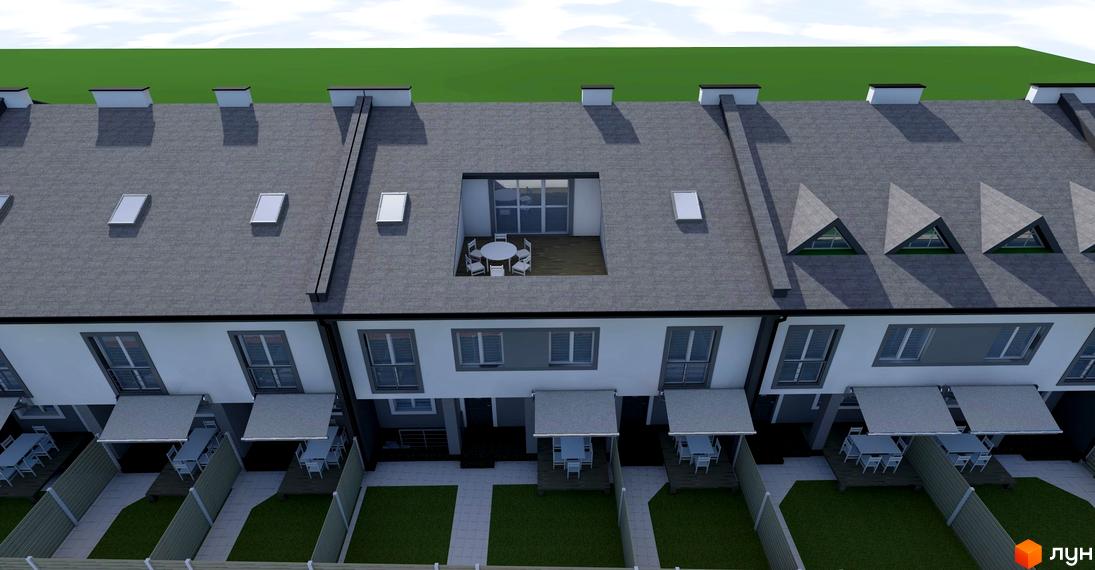 Зовнішній вигляд житлового комплексу на вул. Володимирська (Червоного орача), 3, з терасами та зеленими зонами.