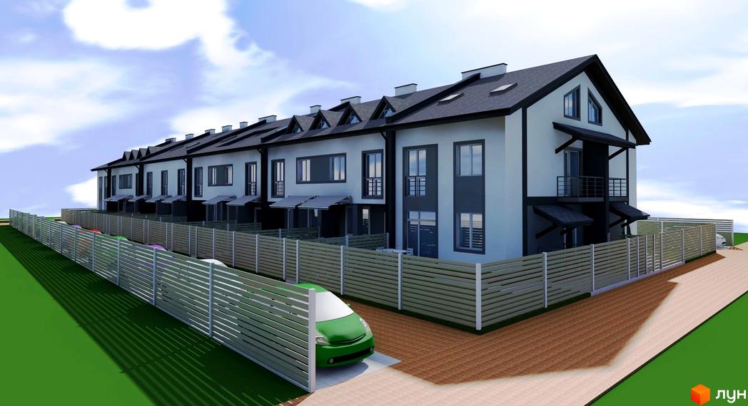 Зовнішній вигляд житлового комплексу на вул. Володимирська (Червоного орача), 3, з парканом та зеленим газоном. Сучасна архітектура з сірими та білими фасадами, темним дахом та великими вікнами.