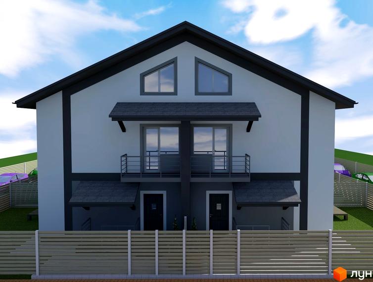 Зовнішній вигляд двоповерхового будинку з балконами та вікнами на другому поверсі, на тлі блакитного неба з хмарами. На прибудинковій території видно паркан та зелену зону.