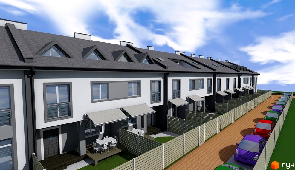 Зовнішній вигляд житлового комплексу на вул. Володимирська (Червоного орача), 3, з низкою таунхаусів та парковкою автомобілів.