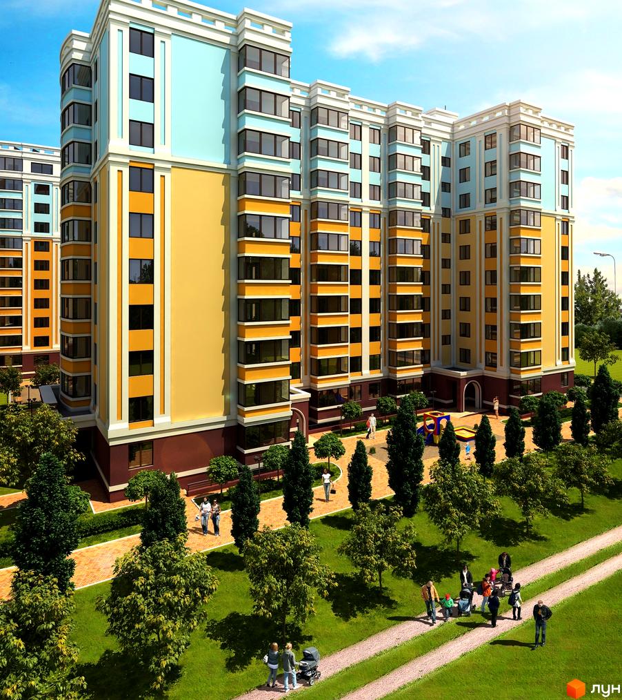 Зображення Житлового комплексу Сонячна Оселя. Багатоповерховий будинок з жовтим та блакитним фасадом, зелена прибудинкова територія.