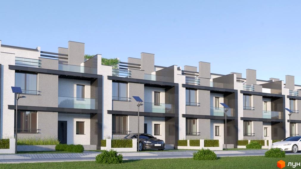 Зовнішній вигляд таунхаусів DreamVille з сучасними фасадами та скляними балконами. Прибудинкова територія з доглянутими газонами та автомобілями.