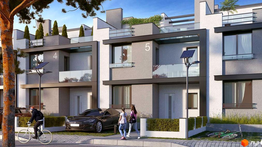 Зовнішній вигляд таунхаусів DreamVille з номерами 4 та 5, прибудинкова територія з автомобілями та пішоходами.