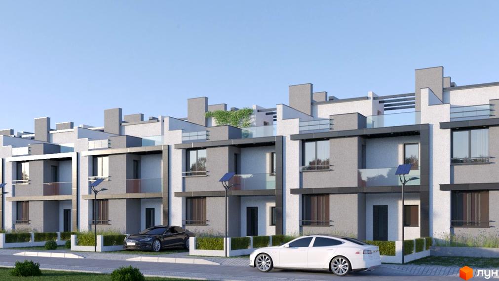 Таунхауси DreamVille – це сучасна забудова з сірими фасадами, великими вікнами та скляними балконами. Перед будинками розташована доглянута прибудинкова територія з зеленими насадженнями та автомобілями.