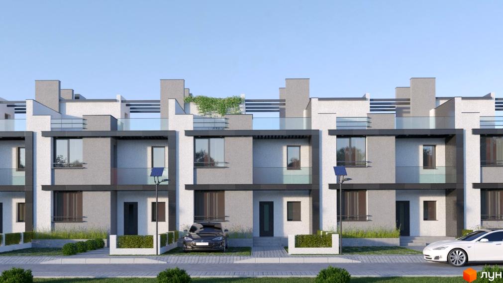 Зовнішній вигляд таунхаусів DreamVille з сучасними фасадами та скляними балконами. На прибудинковій території розташовані автомобілі та зелені насадження.