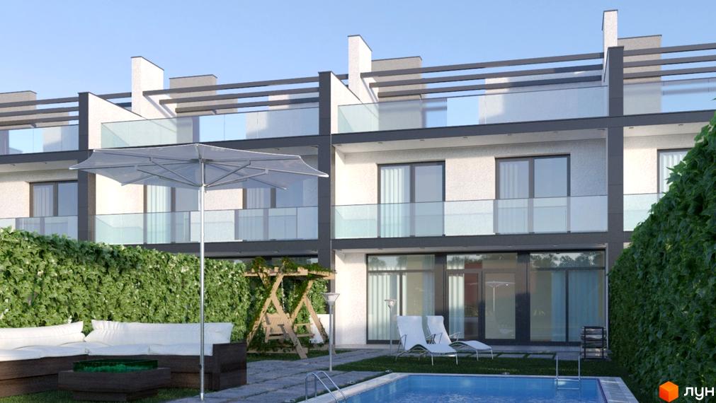 Таунхауси DreamVille з сучасними фасадами та скляними балконами, облаштований двір з басейном, зоною відпочинку та зеленню.