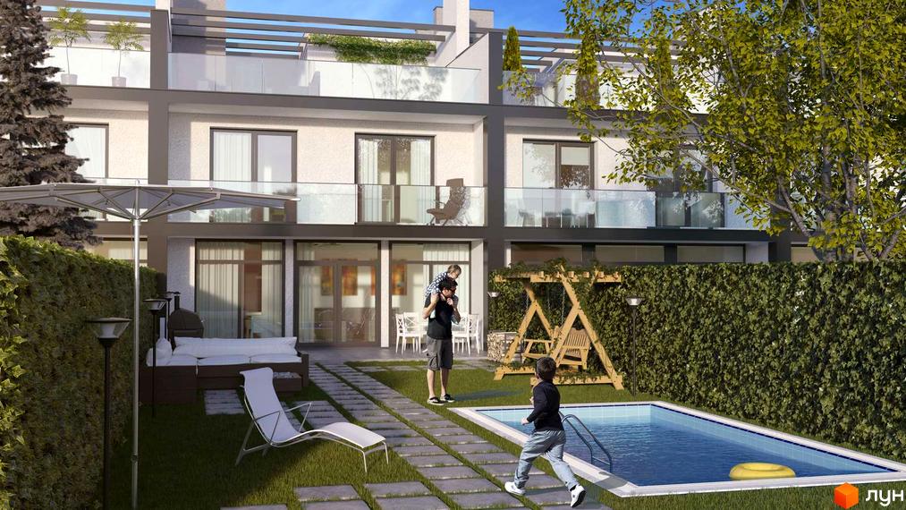 Таунхауси DreamVille з басейном та зоною відпочинку. Зовнішній вигляд будинку та прибудинкова територія.