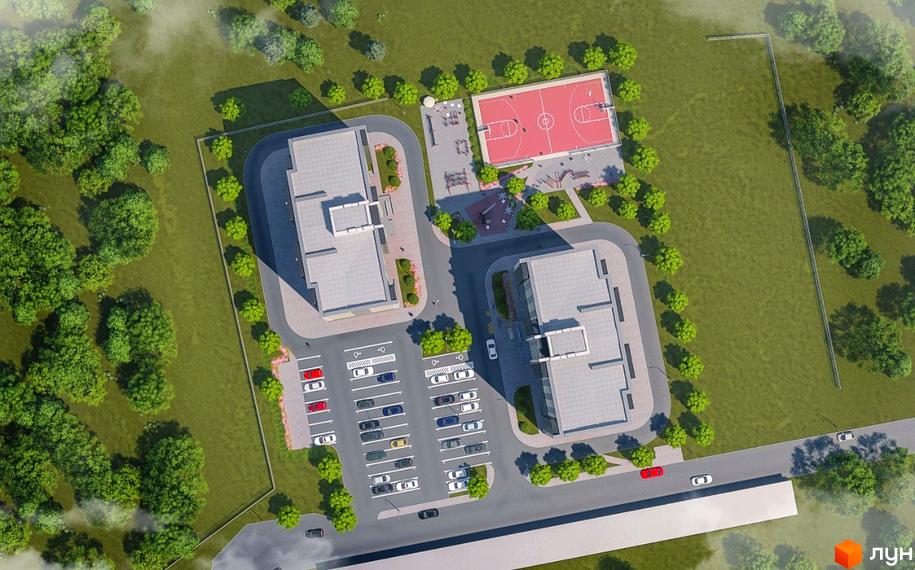 Вид зверху на житловий комплекс Масани з парковкою, спортивним майданчиком та баскетбольним полем. Навколо будівлі зелені насадження та дерева.