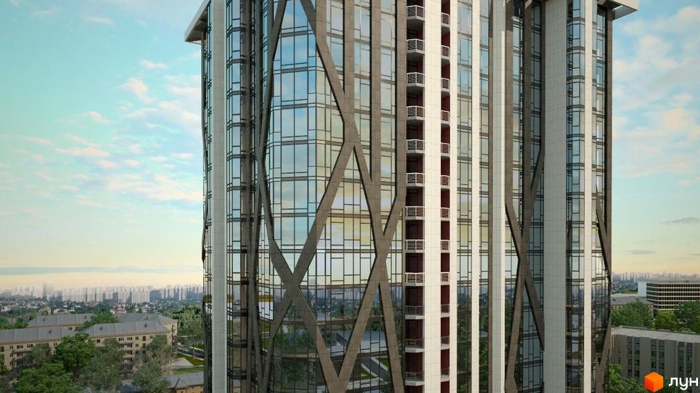 Новобудова Sherwood з панорамним склінням та оригінальним фасадом. Навколо комплексу зелені дерева та міський пейзаж.