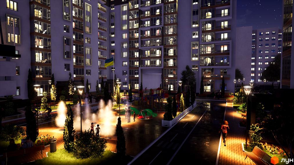Житловий комплекс Prestige Hall вночі. Архітектура будівель з підсвіченими вікнами та прибудинкова територія з фонтанами та дитячим майданчиком.