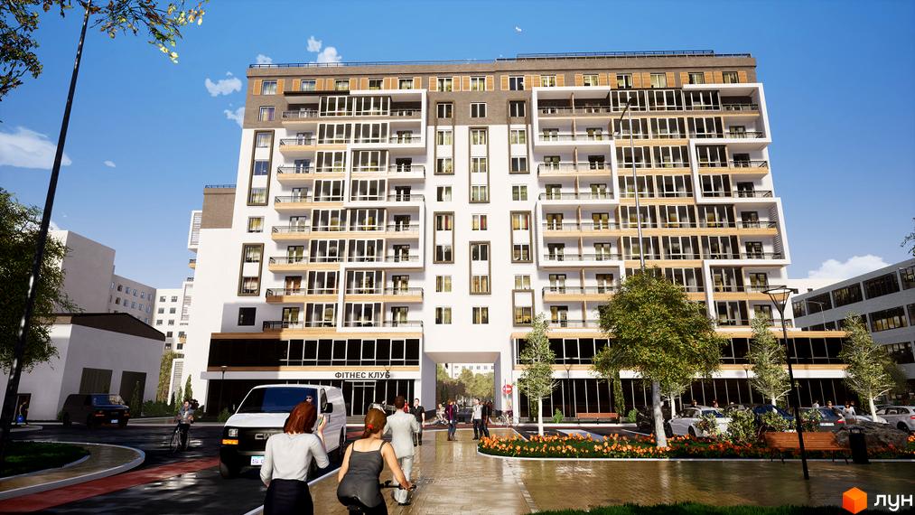 Житловий комплекс Prestige Hall - фасад будівлі з численними балконами та панорамними вікнами, прибудинкова територія з деревами та лавками.