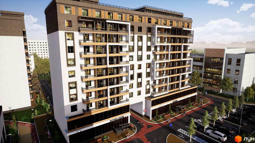 Житловий комплекс Prestige Hall - це багатоповерхова новобудова з балконами та панорамними вікнами, розташована біля доглянутої прибудинкової території з деревами та парковкою.