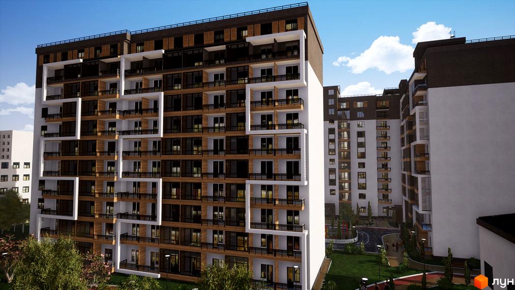 Житловий комплекс Prestige Hall - це багатоповерхова новобудова з балконами та великими вікнами, розташована на доглянутій прибудинковій території з зеленими насадженнями.