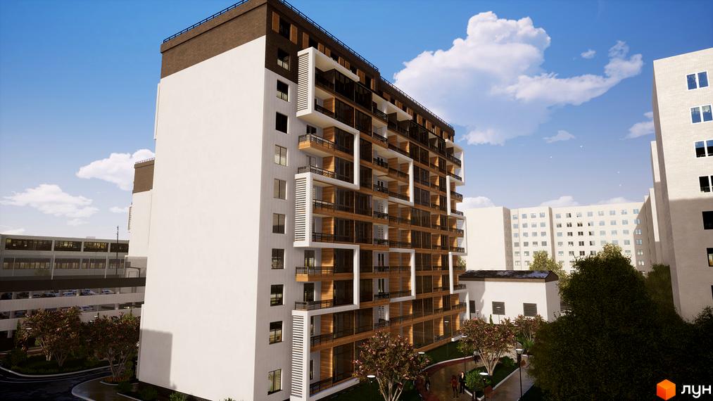 Житловий комплекс Prestige Hall - це багатоповерхова новобудова з балконами та великими вікнами, розташована поруч із зеленим сквером та парковкою.