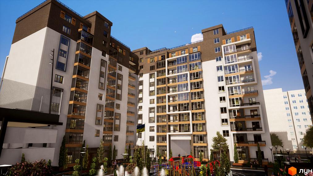 Житловий комплекс Prestige Hall - це багатоповерховий будинок з біло-коричневим фасадом та великими вікнами. На прибудинковій території розташовані дитячий майданчик та зелені насадження.