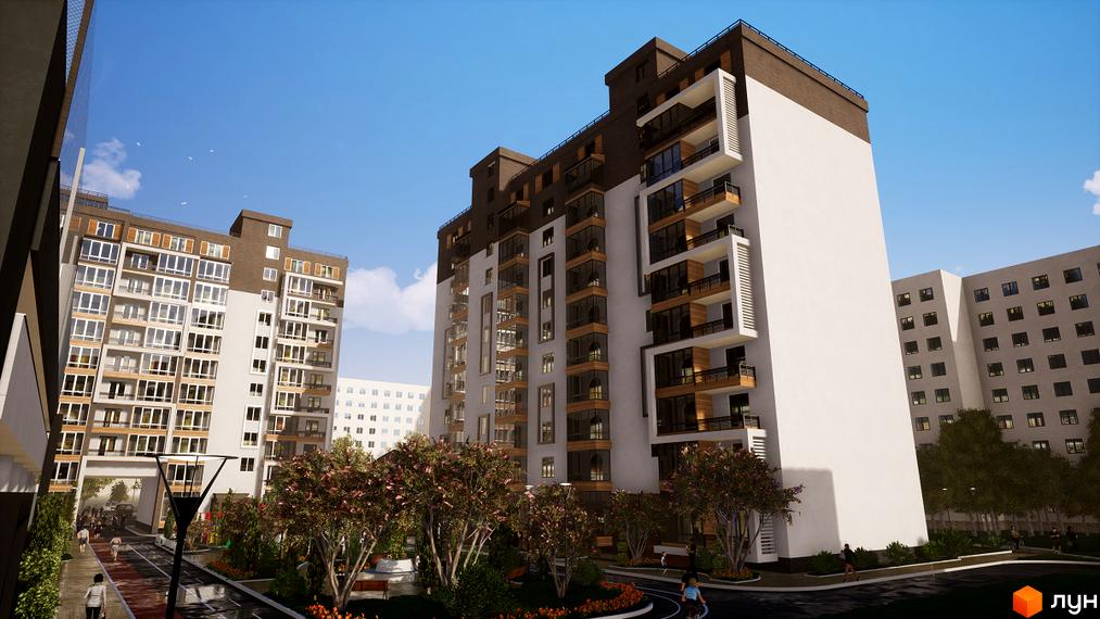 Житловий комплекс Prestige Hall: фасади будівель з коричневими та білими елементами, скляними балконами та прибудинковою територією з деревами та зонами відпочинку.