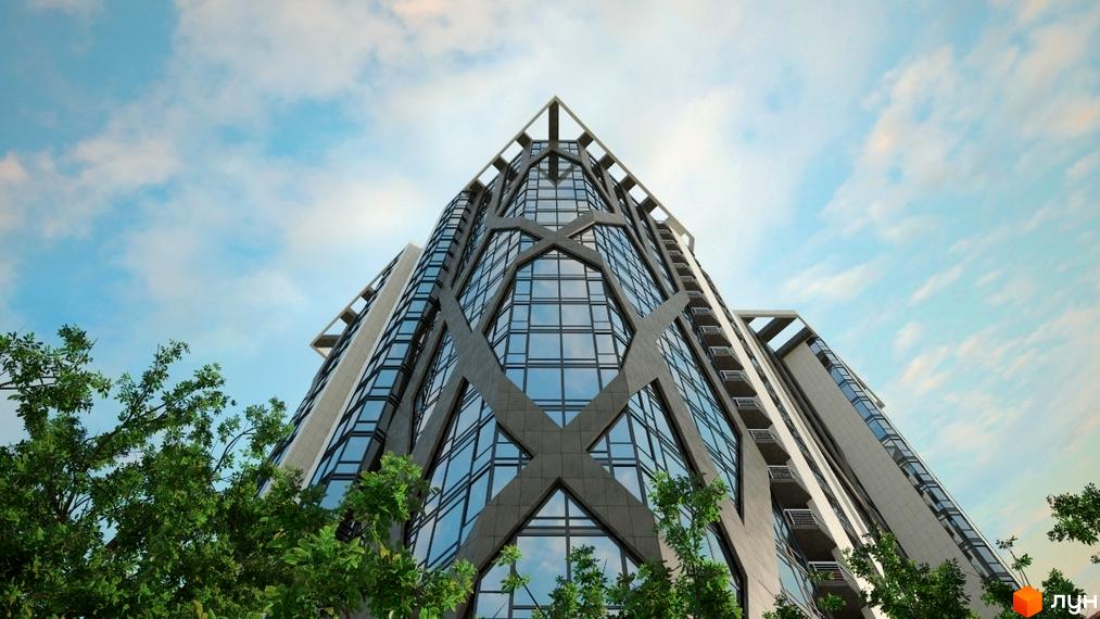 Сучасний житловий комплекс Sherwood з унікальною фасадною сіткою та панорамними вікнами. Зелені дерева оточують будівлю, створюючи затишну атмосферу.