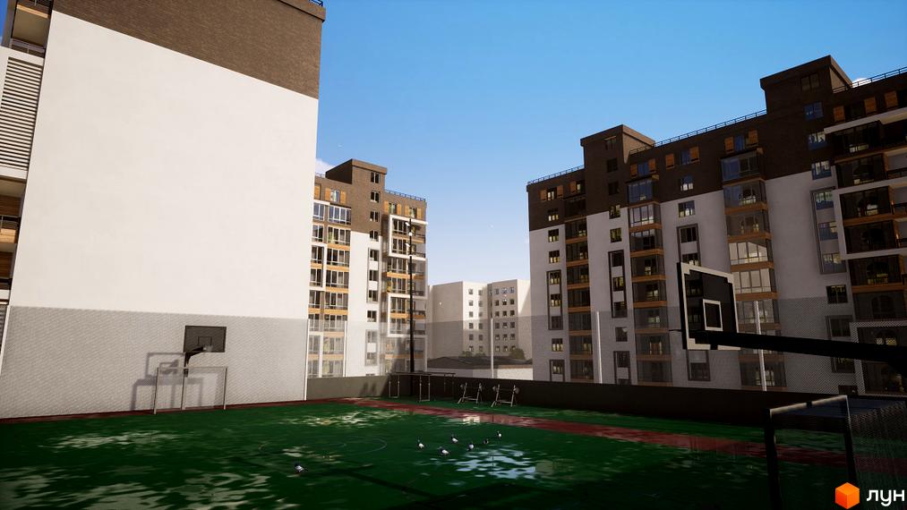 Житловий комплекс Prestige Hall. Зовнішній вигляд будівель та прибудинкова територія з баскетбольним майданчиком та місцями для відпочинку.