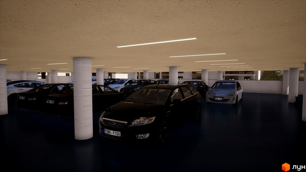 Паркінг у житловому комплексі Prestige Hall з автомобілями. Зовнішній вигляд будинку та прибудинкової території.