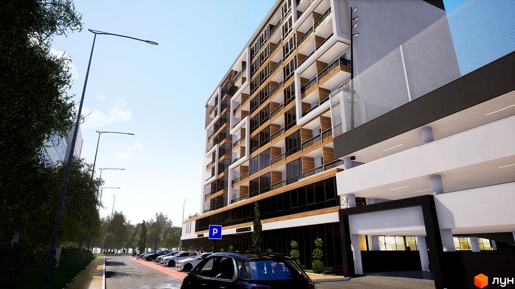 Зовнішній вигляд новобудови ЖК Prestige Hall з парковкою та зеленими насадженнями. Сучасна архітектура та зручна прибудинкова територія.