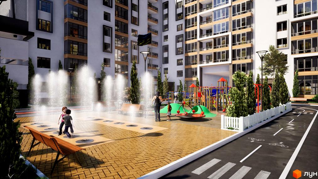 Житловий комплекс Prestige Hall з дитячим майданчиком та фонтанами. Сучасна архітектура та зелена прибудинкова територія для комфортного життя.