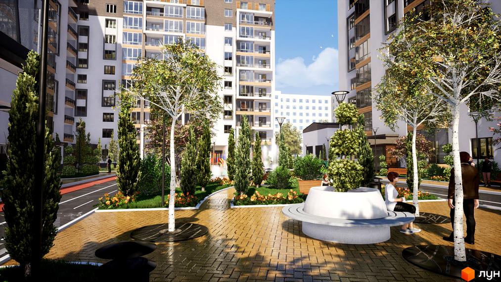 Житловий комплекс Prestige Hall з просторою прибудинковою територією, зеленими насадженнями та місцями для відпочинку.