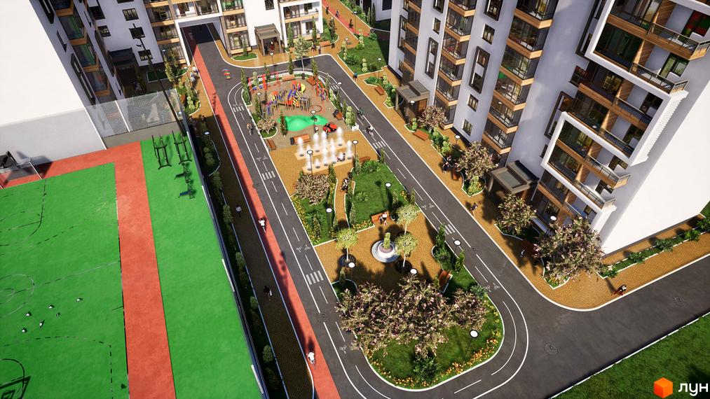 Житловий комплекс Prestige Hall з дитячим майданчиком, фонтанами та спортивними зонами. Сучасна архітектура та доглянута прибудинкова територія.