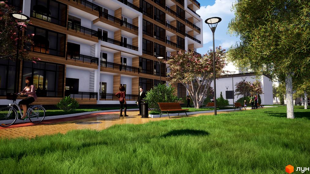 Житловий комплекс Prestige Hall з фасадом з дерева та скла, зеленою прибудинковою територією та місцями для відпочинку.