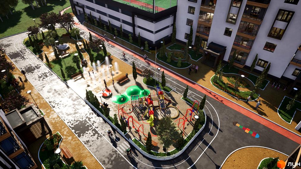 Житловий комплекс Prestige Hall з дитячим майданчиком, фонтанами та зонами відпочинку. Сучасний вигляд фасаду та облаштована прибудинкова територія.