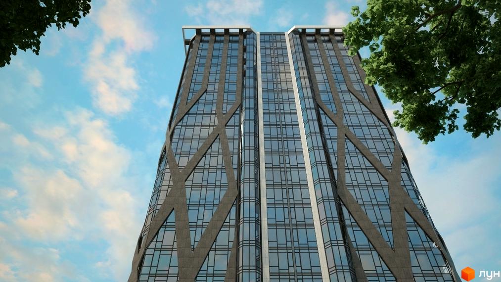 Сучасна новобудова ЖК Sherwood з скляним фасадом та геометричним візерунком. Висотка розташована на фоні блакитного неба з хмарами, оточена зеленню дерев.