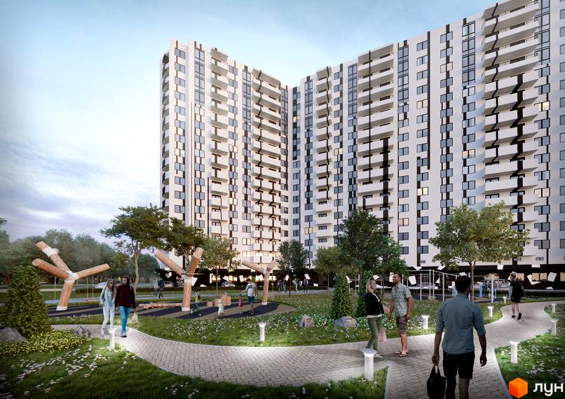 Житловий комплекс Home & Park Comfort House з білим фасадом, численними вікнами та балконами. На передньому плані зелена територія з доріжками, деревами та дитячим майданчиком.