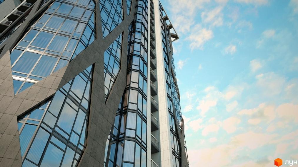 Фасад житлового комплексу Sherwood з панорамними вікнами та оригінальним дизайном. Сучасна архітектура новобудови на фоні блакитного неба.