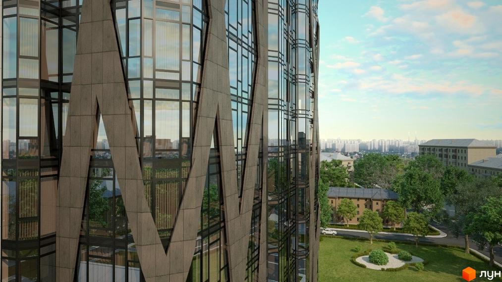 Новобудова Sherwood з унікальним фасадом та панорамними вікнами. Навколо будинку зелена прибудинкова територія з доглянутими газонами та кущами.