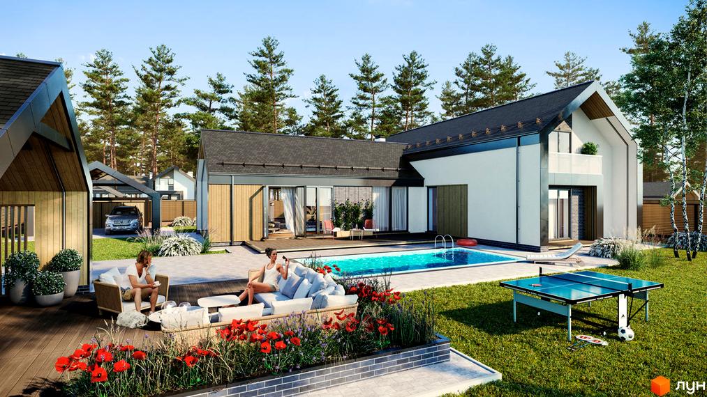Котеджне містечко SKANDINAVSKY: будинок з басейном та зоною відпочинку. Прибудинкова територія з ландшафтним дизайном та місцем для гри в настільний теніс.