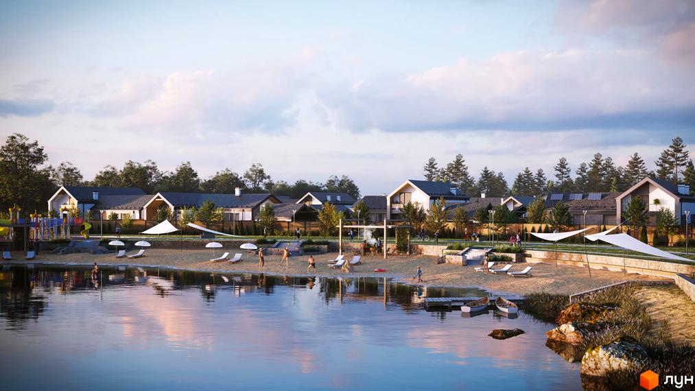 Котеджне містечко SKANDINAVSKY. Будинки з темними дахами та світлими фасадами розташовані біля озера з пляжем та зонами відпочинку.