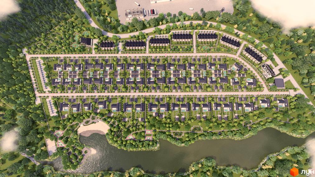 Котеджне містечко SKANDINAVSKY: вид зверху на охайні будинки з басейнами та зелену територію біля водойми.