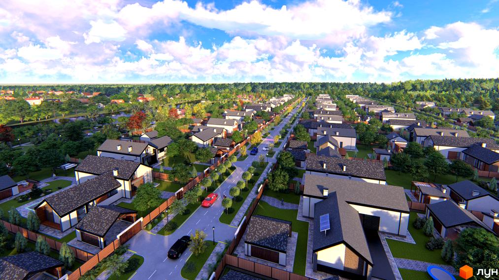 Котеджне містечко SKANDINAVSKY: сучасні будинки з сірими дахами та прибудинковою територією з деревами та дорогою. Візуалізація житлового комплексу.