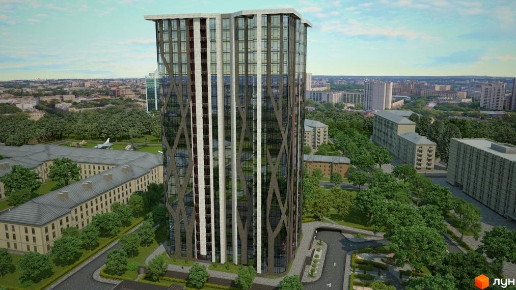 Житловий комплекс Sherwood - висотна будівля з оригінальним фасадом та прибудинковою територією з деревами та будівлями.