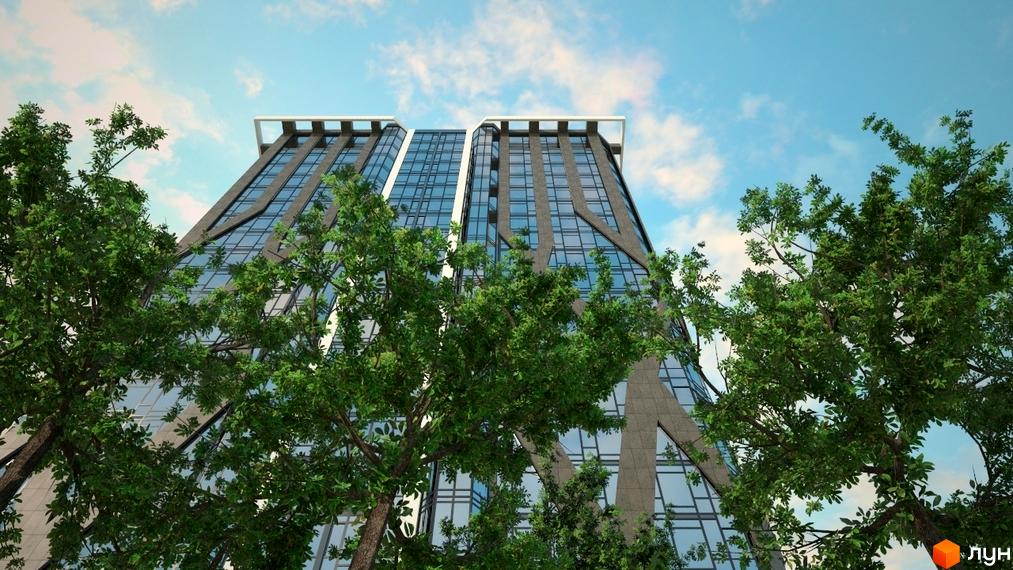 Житловий комплекс Sherwood – висотна новобудова з панорамним склінням та оригінальним дизайном фасаду, оточена зеленню дерев.