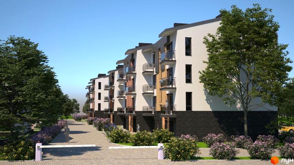 Зовнішній вигляд житлового комплексу Троянда на Граніті з фасадами білого та бежевого кольору, балконами та прибудинковою територією з деревами та квітами.