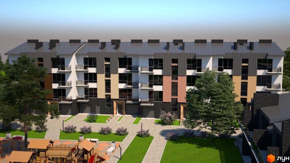 Зовнішній вигляд новобудови ЖК Троянда на Граніті з цегляними та білими фасадами, балконами та великими вікнами. На прибудинковій території розташований дитячий майданчик та зелені насадження.