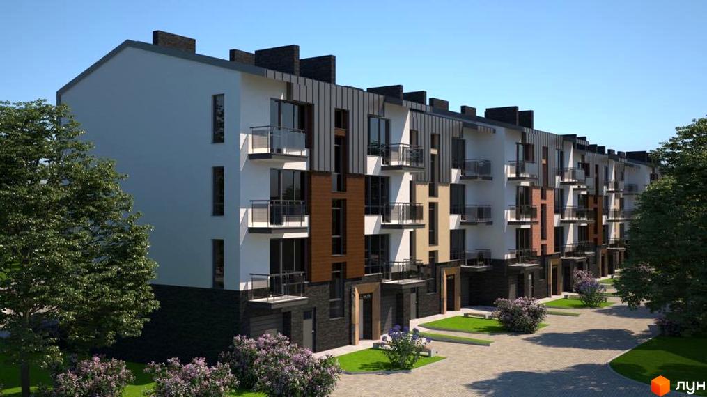 Зовнішній вигляд новобудови ЖК Троянда на Граніті з балконами та вікнами, прибудинкова територія з деревами та кущами.